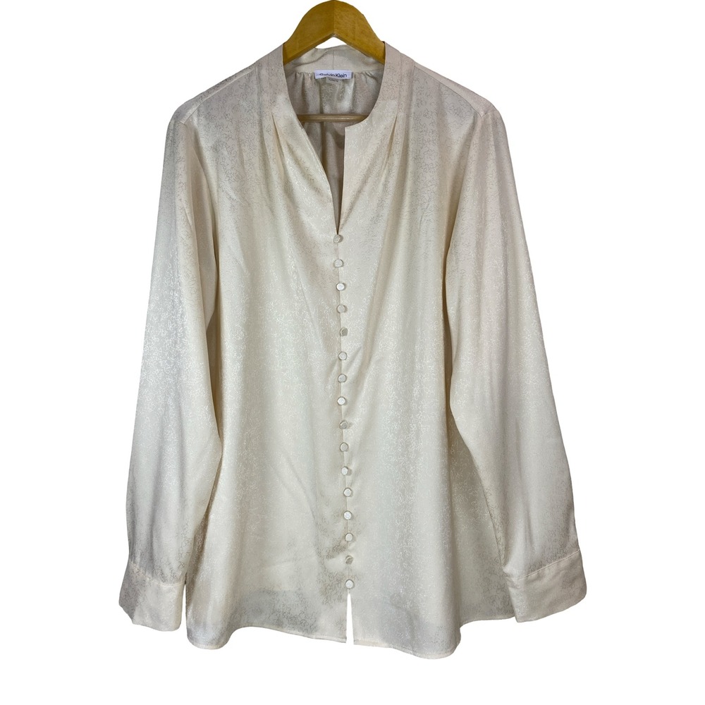 Calvin Klein Women XL Cream Floral Jacquard Button Down Long Sleeve Blouse Ivory